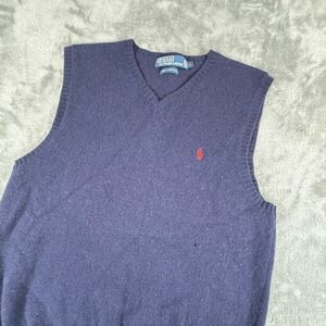 Polo Ralph Lauren V Neck Sweater Vest Navy Blue 100 Lambs Wool Men L